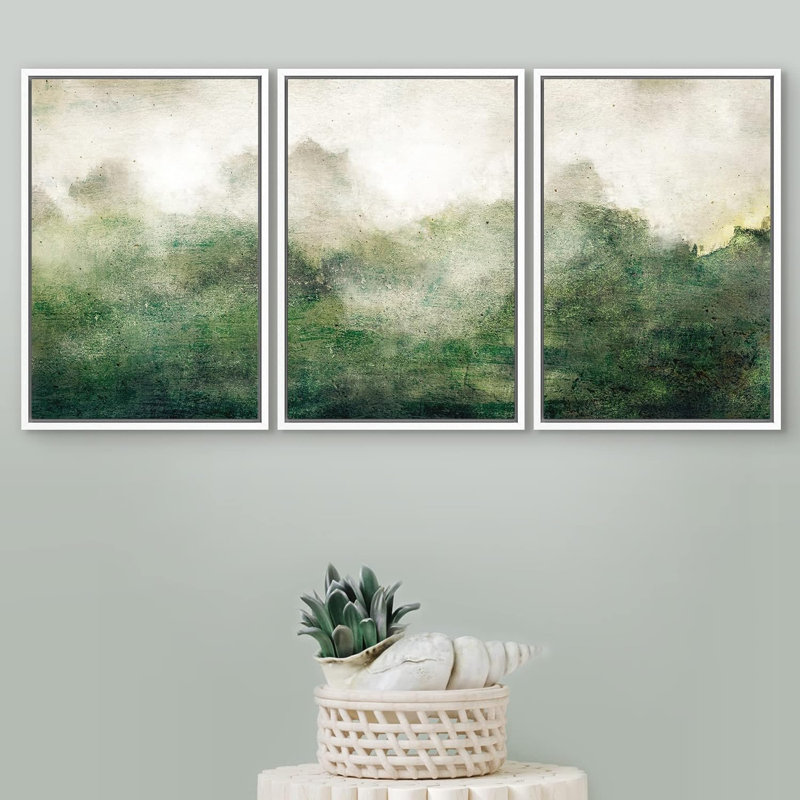 " Forest Green Watercolor Pastel Landscape Shape Abstract Illustration Modern Art Minimal " 3 - Pieces, Blanc