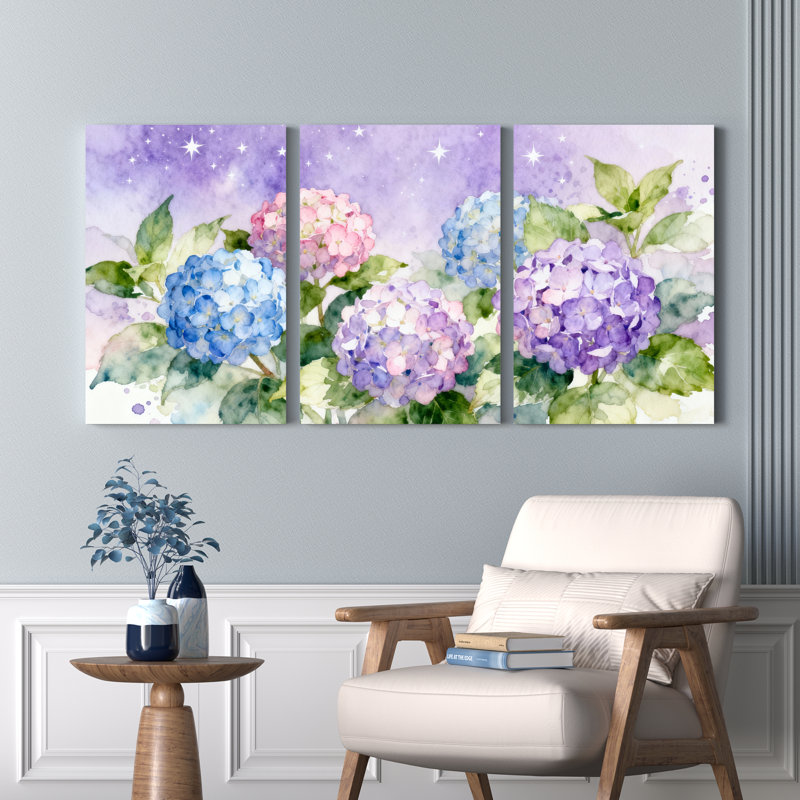 Aquarelle, hortensia, impression sur toile, fleurs mauves et bleues (ensemble de 3), H 36 po x l 72 po
