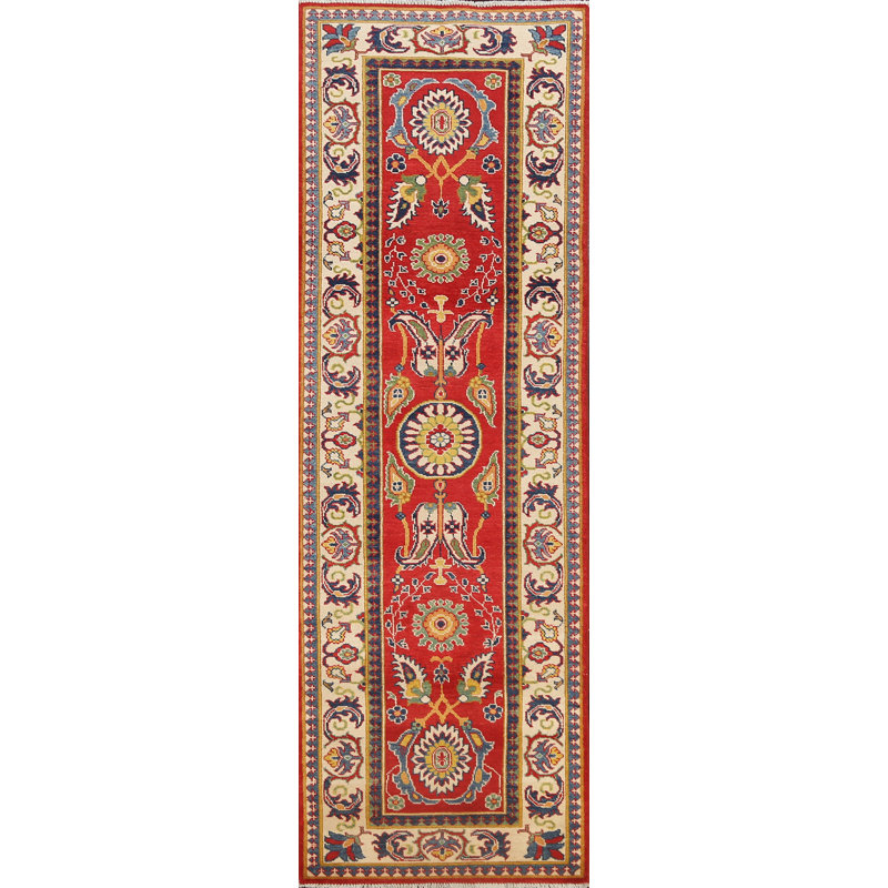 Tapis de couloir rouge en laine noué à la main 2 pi 9 po x 9 pi 7 po