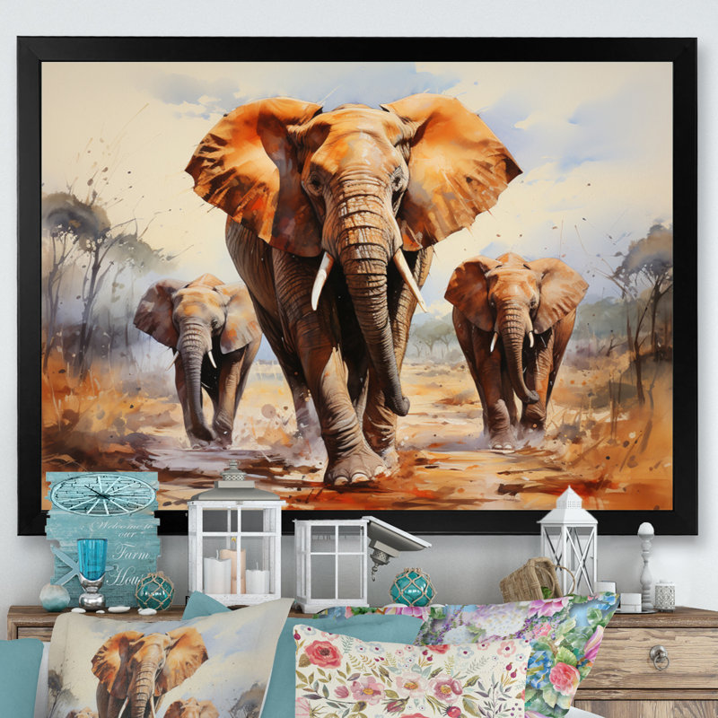 Éléphant d'Afrique, prairies III sur toile, H 12 po x l 20 po x P 1 po, Cadre photo noir
