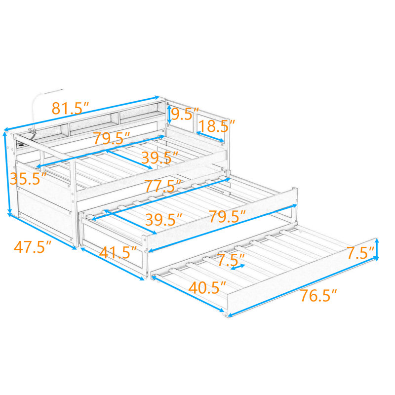 Twin XL Wood Daybed with Twin Trundles, Storage Shelves, Light, and USB Charging, Gray