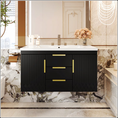 Meuble-lavabo mural 36 po avec lavabo en résine, armoire de rangement flottante avec 2 tiroirs, finition en bois massif