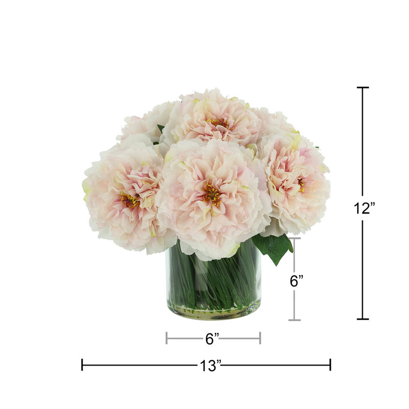 Faux Peony Arrangement in a Glass Vase, Light Pink