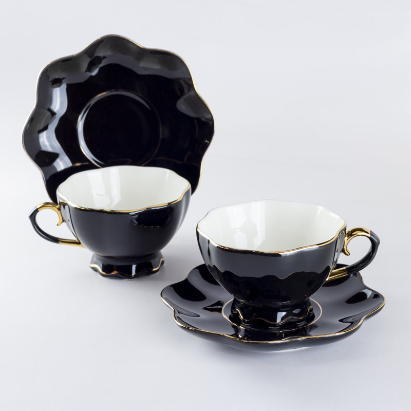 Porcelain Teacup and Saucer, Black/Gold