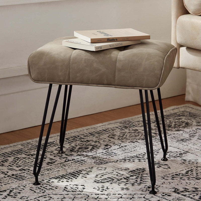 Faux Leather Upholstered Vanity Stool with Metal Legs, Gray
