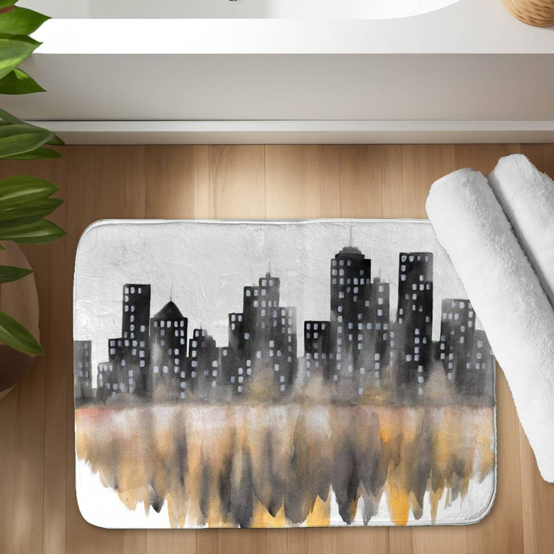 Yellow watercolor cityscape Bath Mat with Non-Slip Backing - Quick Dry Memory Foam Bathroom Rug - Absorbent - Modern Plush Spa-Style - Machine Washable