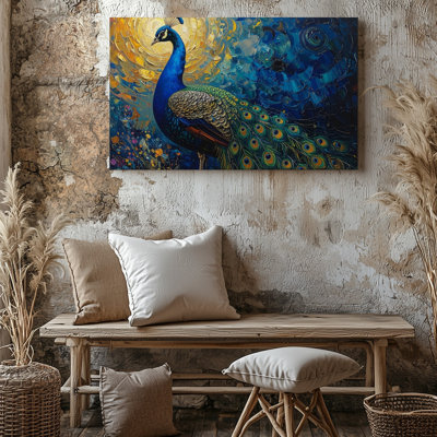 Bold Peacock Canvasvibrant Impasto Painting With Golden Sun Canvas Wall Art