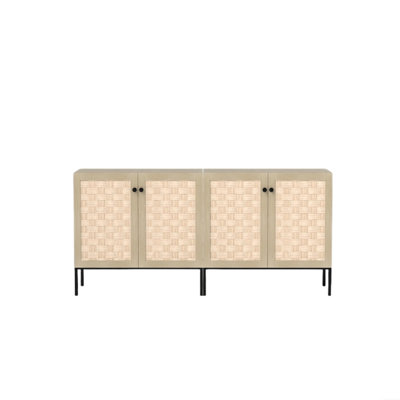 31.49'' Wide Modern 4-Door Rattan Storage Sideboard Cabinet with Black Metal Legs, Natural Finish