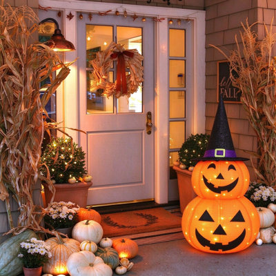 Jack-o'-lanterne d'Halloween pliable de 3 pi avec chapeau étoile noire et cape, 50 citrouilles décoratives avec support en métal, base ronde et piquets de sol, à brancher, pour porche extérieur extérieur, pelouse, fête