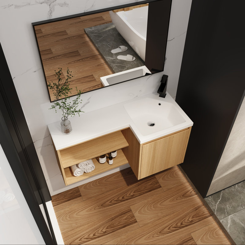 Meuble-lavabo de coin flottant avec porte à fermeture en douceur et tablettes ouvertes, Droite