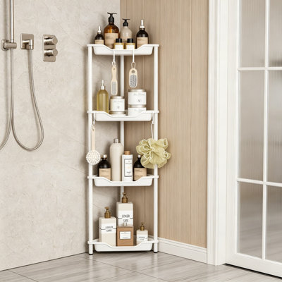 4 Tier Floor Standing Corner Shower Caddy Organizer, Plastic and Metal Splicing Corner Shelf Rack Stand for Bathroom Storage, Rustproof White