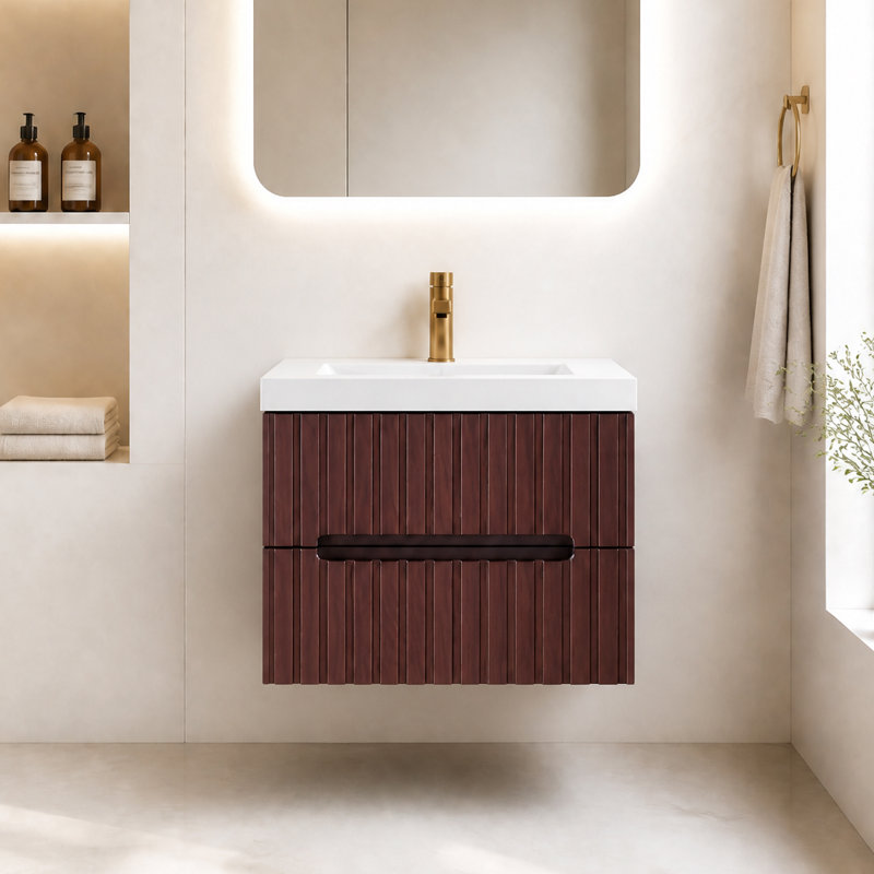 Meuble-lavabo suspendu de 61 cm (24 po) avec lavabo intégré en acrylique, 2 tiroirs et fini noyer foncé, 24"