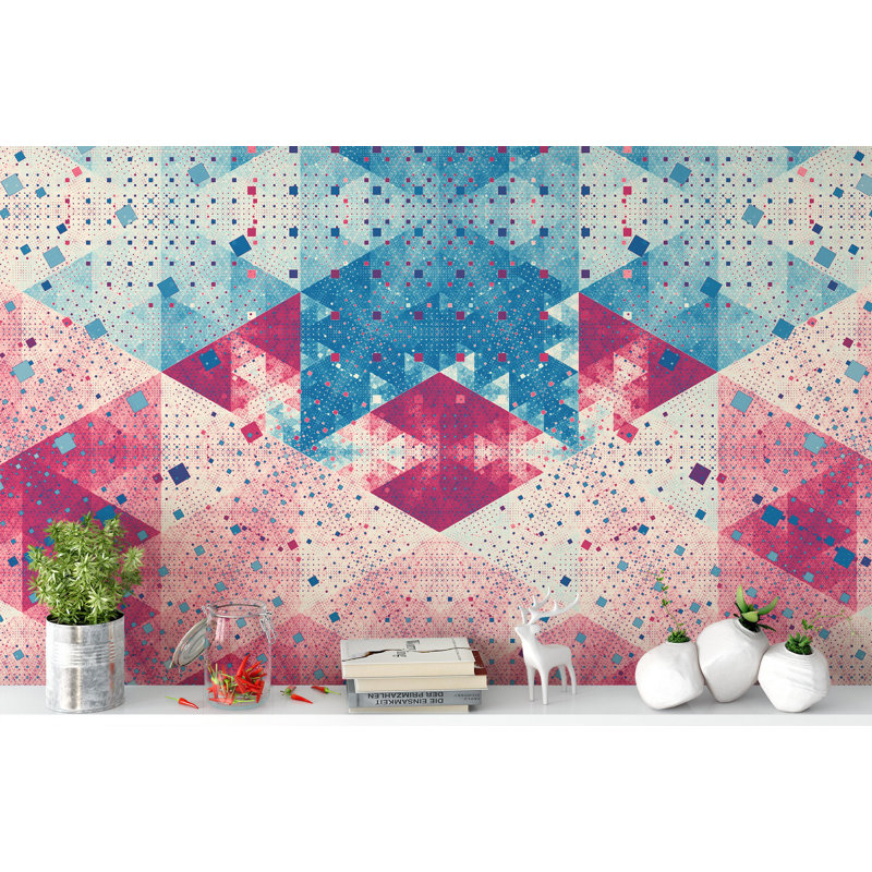 Papier peint à motif de triangles rétro, bleu et rose, Maripier, l 55 po x L 35 po