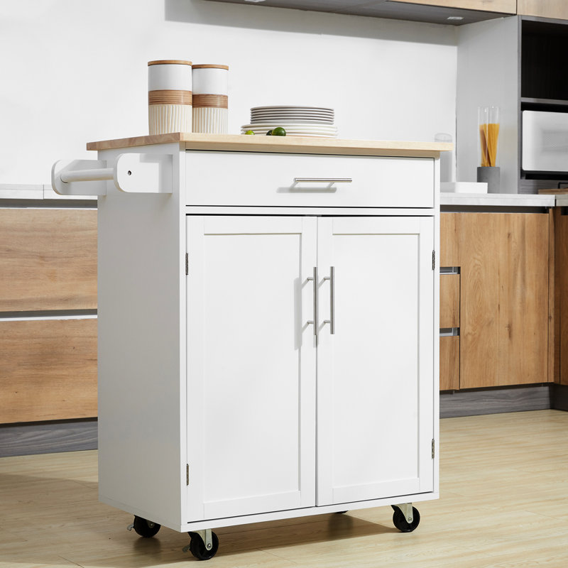 Chariot de cuisine blanc avec tiroir, garde-robe et porte-serviettes. Structure extensible et roulettes avec tablette, solution de rangement pratique.