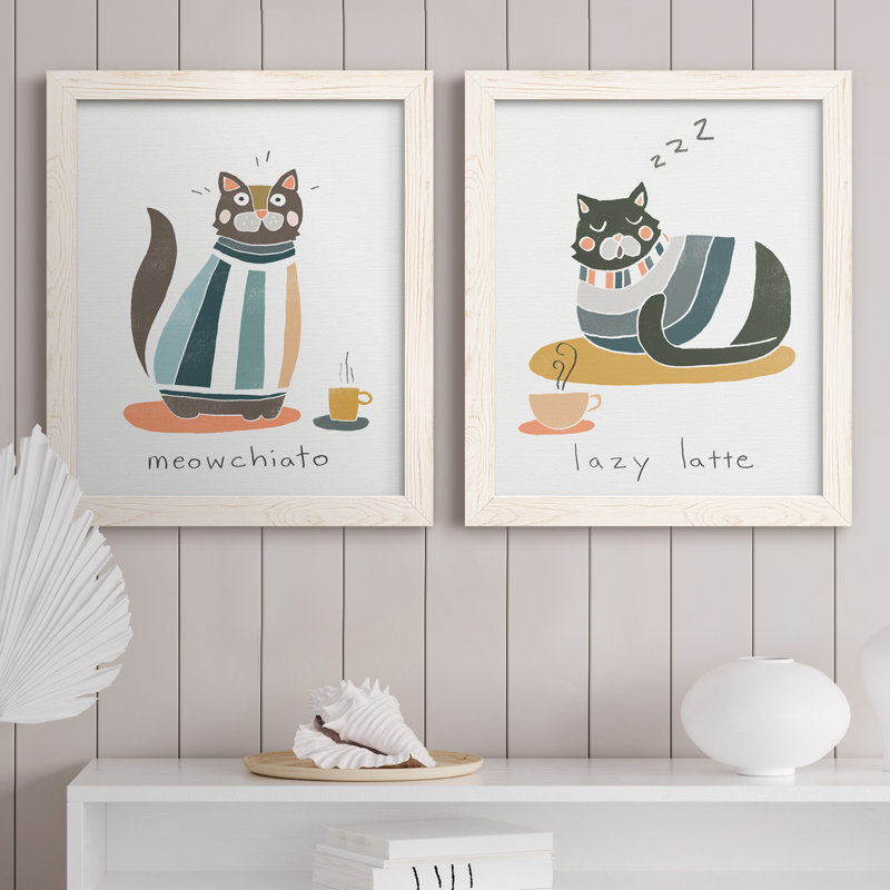 Coffee Cats I - ensemble de 2 reproductions d'art textuel sur toile, H 20 po x l 17 po x P 1 po, Toile blanche encadrée