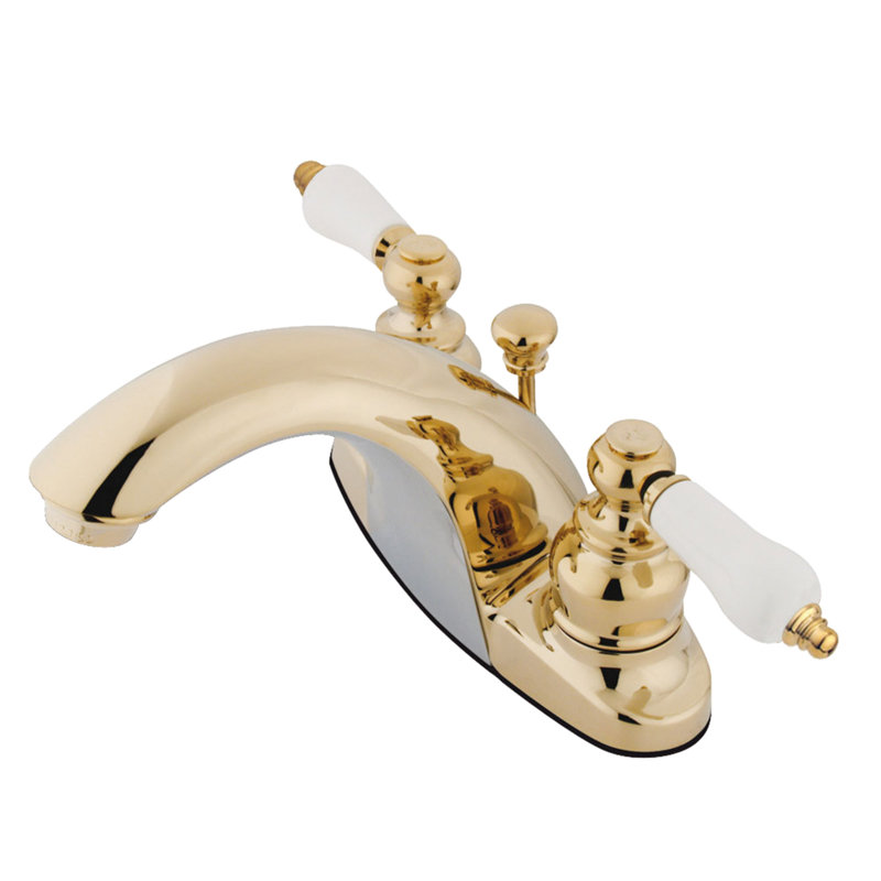 Kingston Brass English Country Two-Handle 3-Hole Deck Mount 4" Centerset Bathroom Faucet with Plastic Pop-Up, Polished Brass