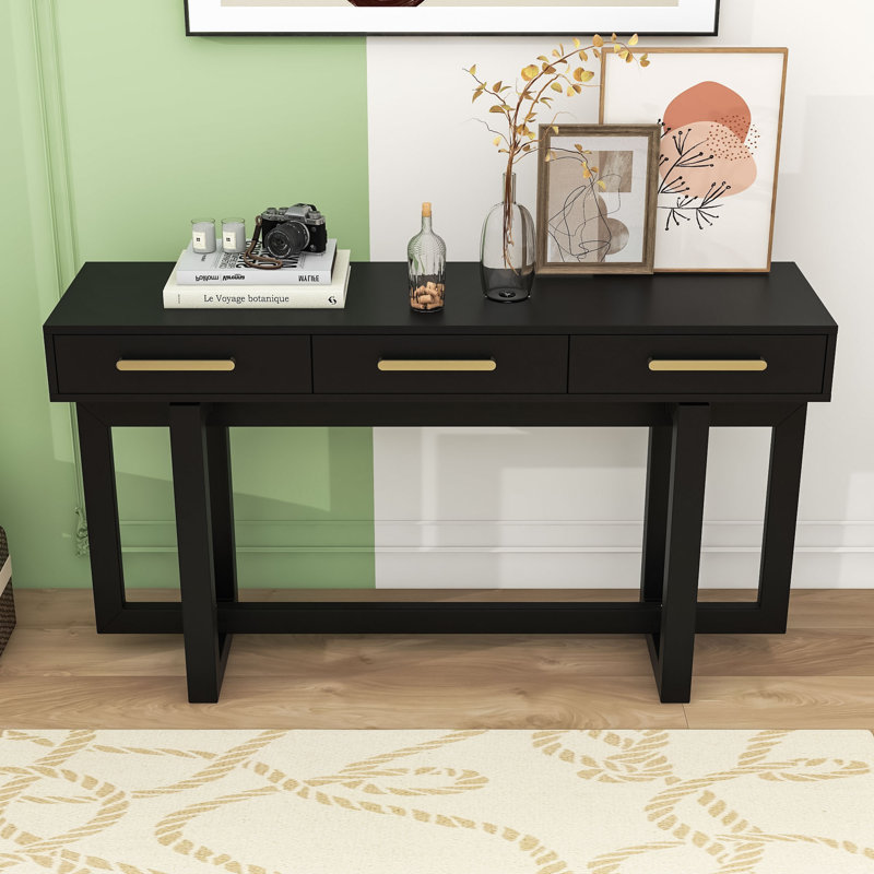 Wood Console Table with Three Drawers, Black