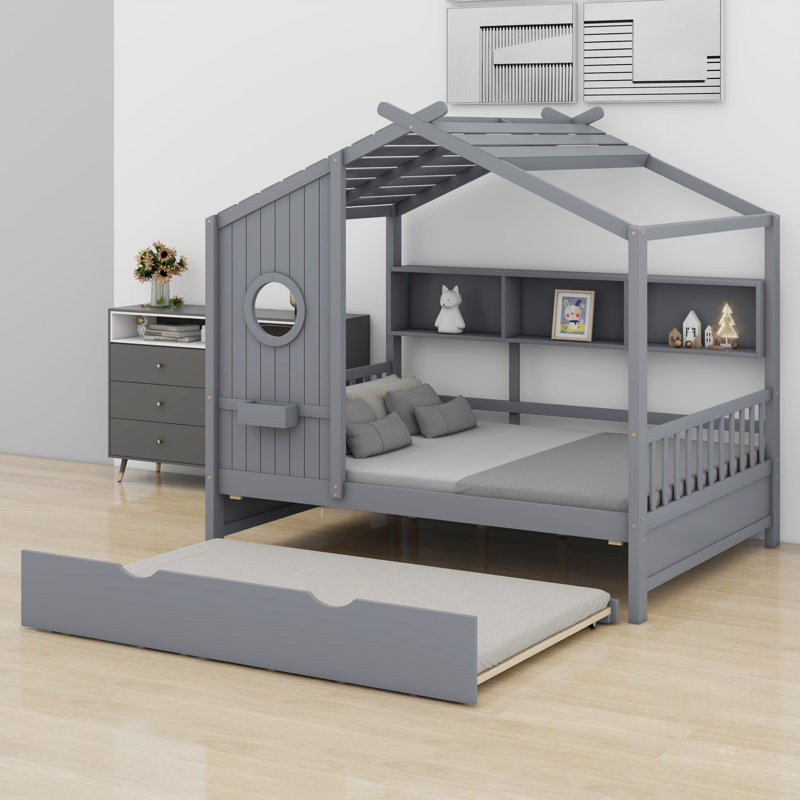 Lit en bois en forme de maison avec lit gigogne et tablettes de rangement, Lit double, Gris