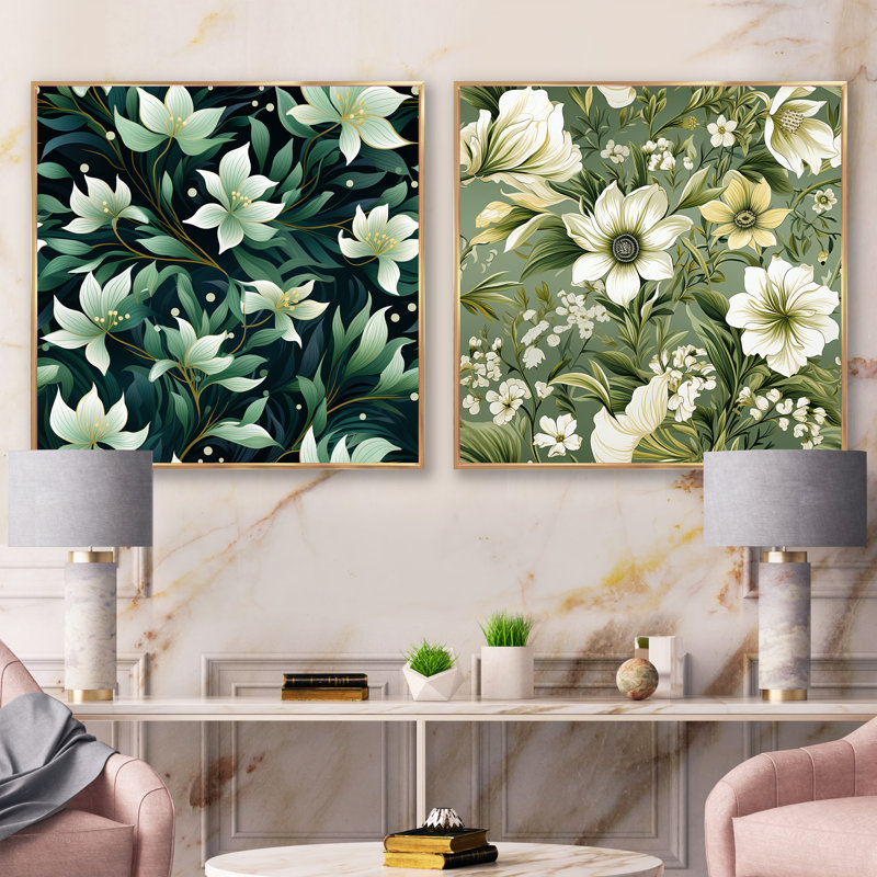 Langelier - Ensemble de 2 collages carrés floraux, Cadre flottant doré, H 36 po x l 73 po