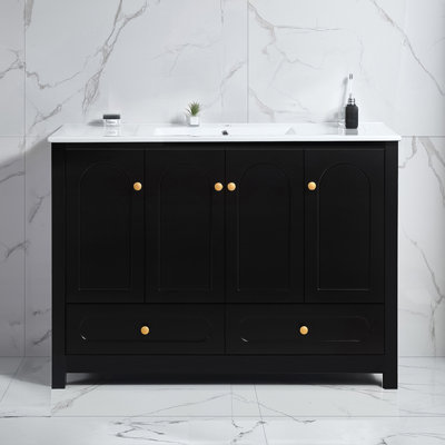 A 48-Inch Wide Black  Bathroom Vanity With Ample Storage Space - A Cabinet Featuring 4 Sliding Doors And 2 Drawers (Excluding The Ceramic Basin)