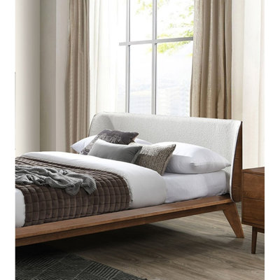Noyer / beige couleur très grand lit 1pc tissu tête de lit à oreilles avec cadre de lit plateforme prêt pour le matelas style Mid-Century moderne
