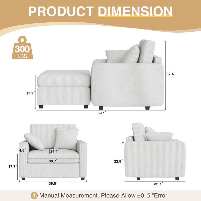 Atlai 40''W Upholstered Chaise Lounge with Ottoman and Two Pillows, White