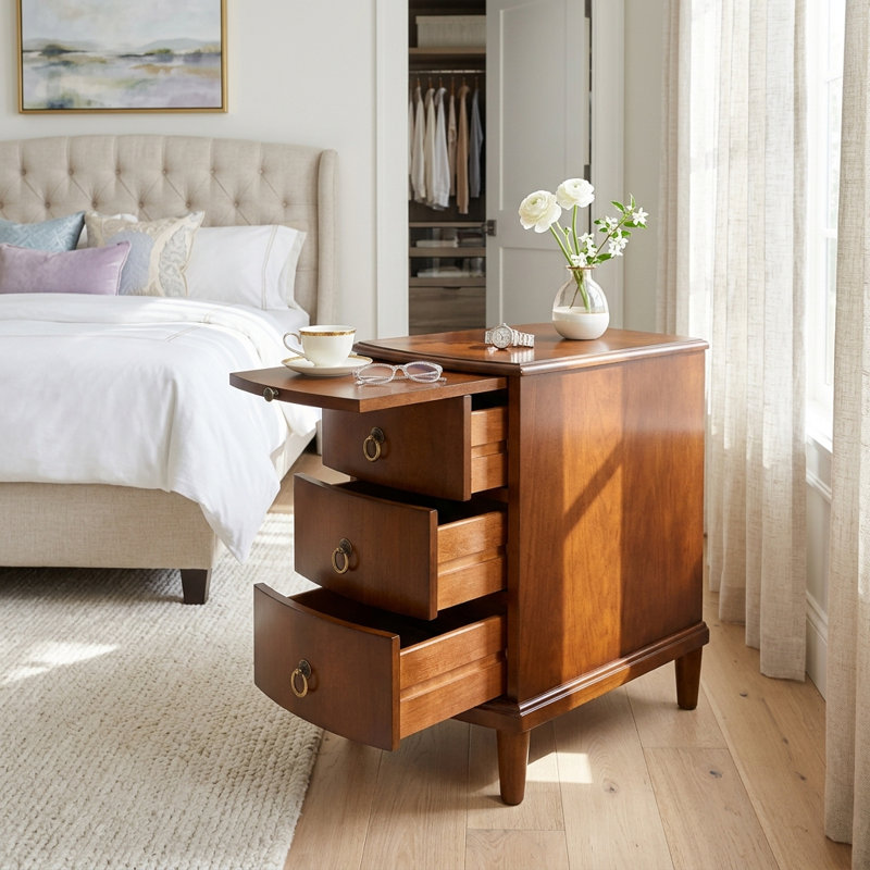 LUMERA Collection Narrow End Table with Pull-Out Shelf, 3-Drawer Wood Nightstand for Small Spaces
