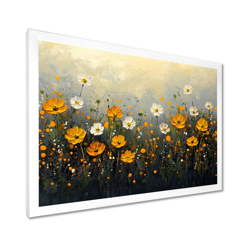 «Dark Summer Daisies Field Landscape III - Daisies», art mural, H 12 po x l 20 po, Cadre simple, Blanc