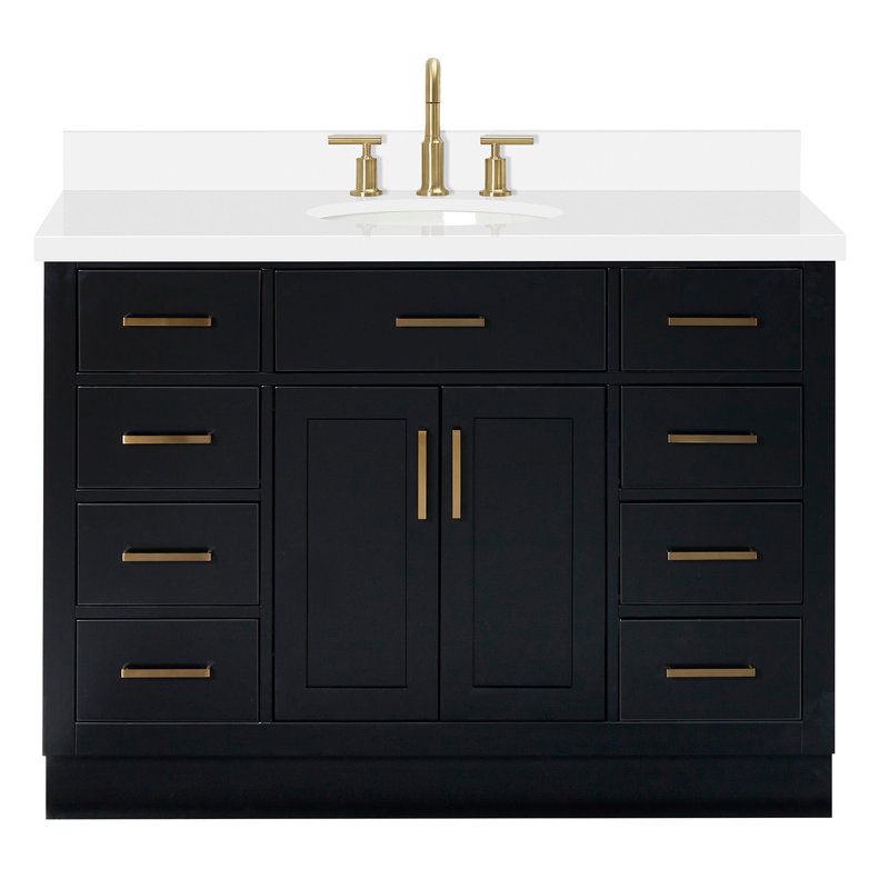 Ensemble de meuble-lavabo simple en bois massif 48 po avec lavabo en quartz blanc 1,5 po Tidworth, Chêne noir, Ovale