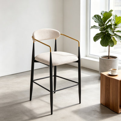 Ensemble de 6 tabourets de bar, hauteur d'assise de 76 cm, tabourets de comptoir modernes rembourrés, tissu beige avec accoudoirs dorés, structure ergonomique en métal noir pour îlot de cuisine et comptoir de salle à manger