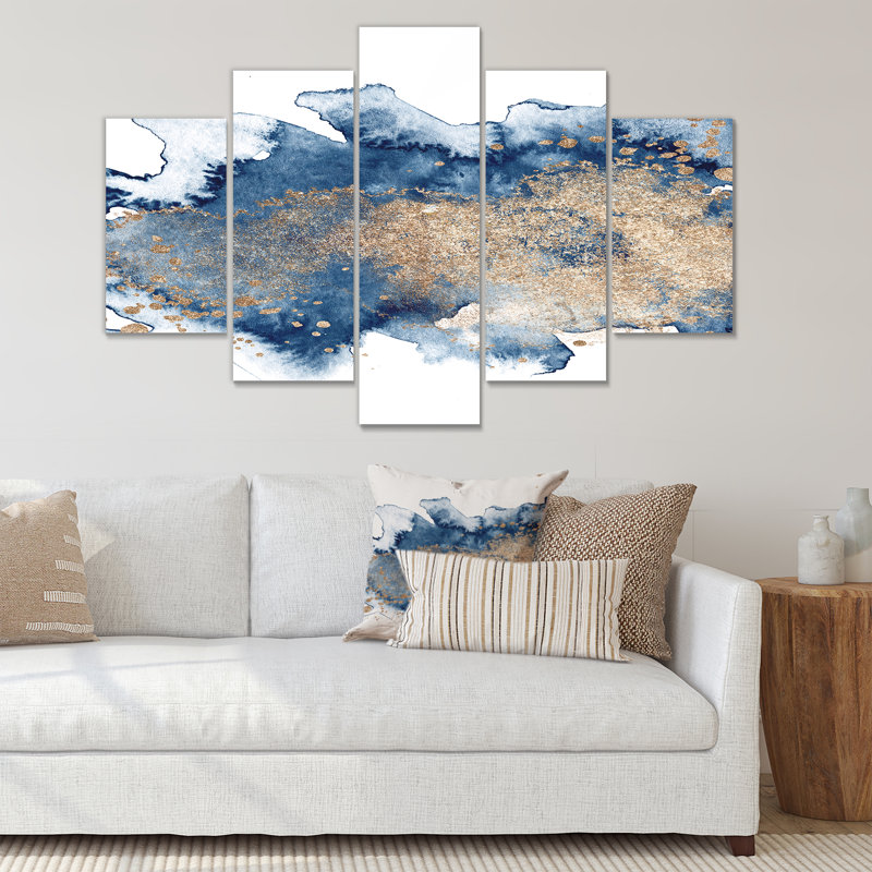 «Blue and Gold Marble Clouds II», peinture sur toile tendue 5 pièces