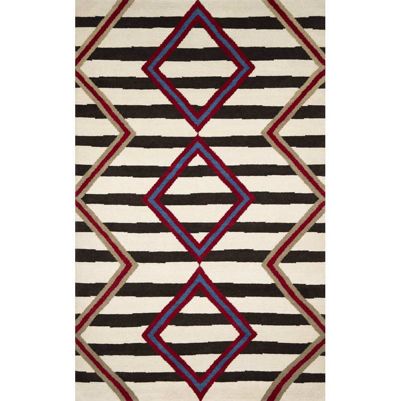 Wool Southwestern Area Rug in Stone/Ebony/Red/Cobalt, Runner 3' x 6'