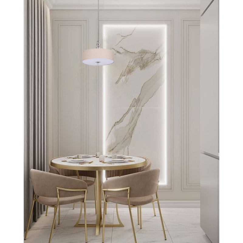 3-Light Chrome Pendant With A Natural Fabric Drum Shade, Cream