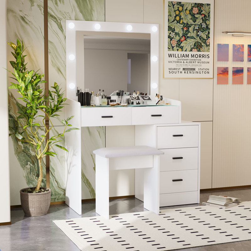 Meuble-lavabo lumineux à DEL avec miroir coulissant et rangement multi-tiroirs, parfait pour les routines de beauté organisées