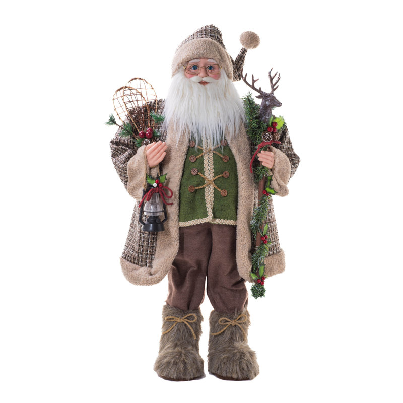 Père Noël Woodsy brun et vert en tissu portant une jaquette tressée