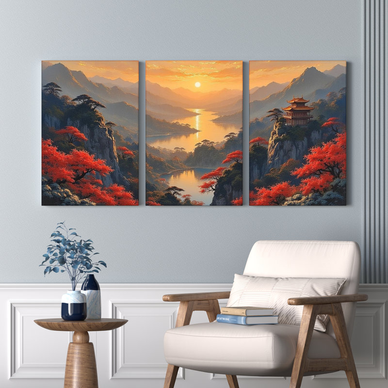 Paysage de montagne d'automne avec érables rouges et pagode - Tableau sur toile (lot de 3), H 18 po x l 36 po