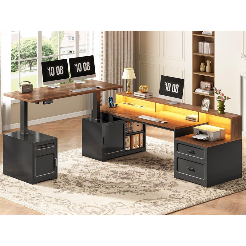 Bureau électrique assis-debout en forme de L de 76,8 pouces, style ferme, avec 2 tiroirs, Brun et noir