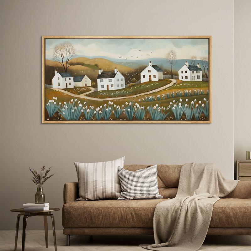 Country Cottage Village, toile encadrée - scène d'art populaire fantaisiste avec fleurs printanières, Naturel