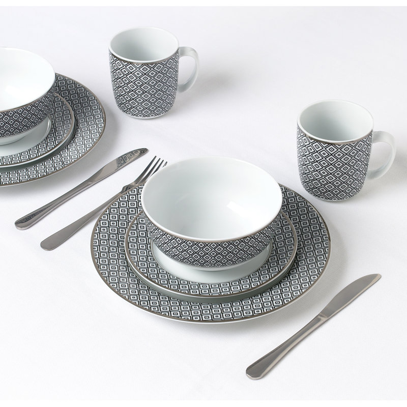 Waterside 16pc Premium Diamond Porcelain Dinner Set with Silver Rim