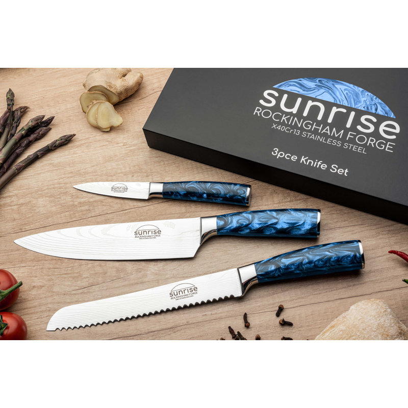 Rockingham Forge Sunrise Collection 3-Piece Kitchen Knife Set, Premium Stainless Steel With Resin Handles – Chef’s Knife, Paring Knife & Bread Knife, Sapphire Blue