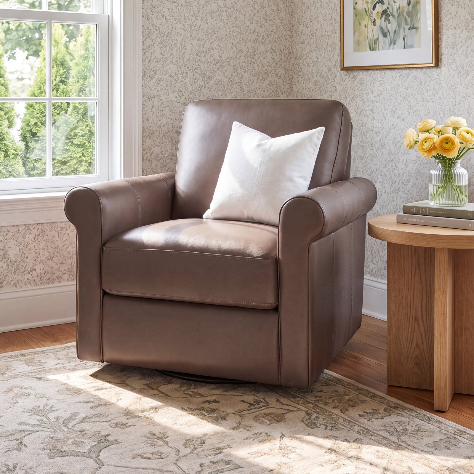Mayoworth Upholstered Swivel Club Chair, Brookfield Pirouette Granite Brown Genuine Leather