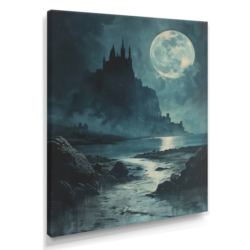 Art mural noir et bleu, château de vampire au clair de lune II, Toile tendue, H 40 po x l 30 po x P 1,5 po