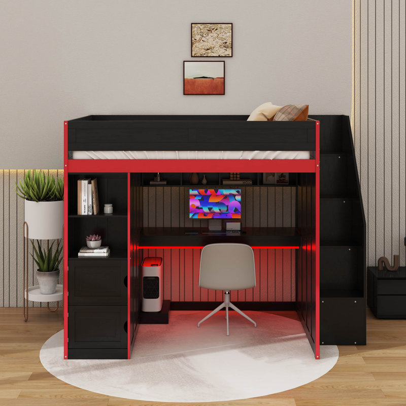 Lit mezzanine double avec bureau et rangement, Lit double