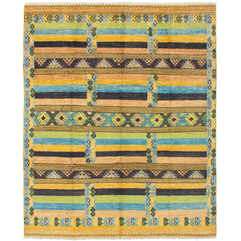 Tapis unique en laine noué à la main Mogul des années 2010 de 8 pi 3 po x 9 pi 10 po doré foncé / vert clair Ashippun