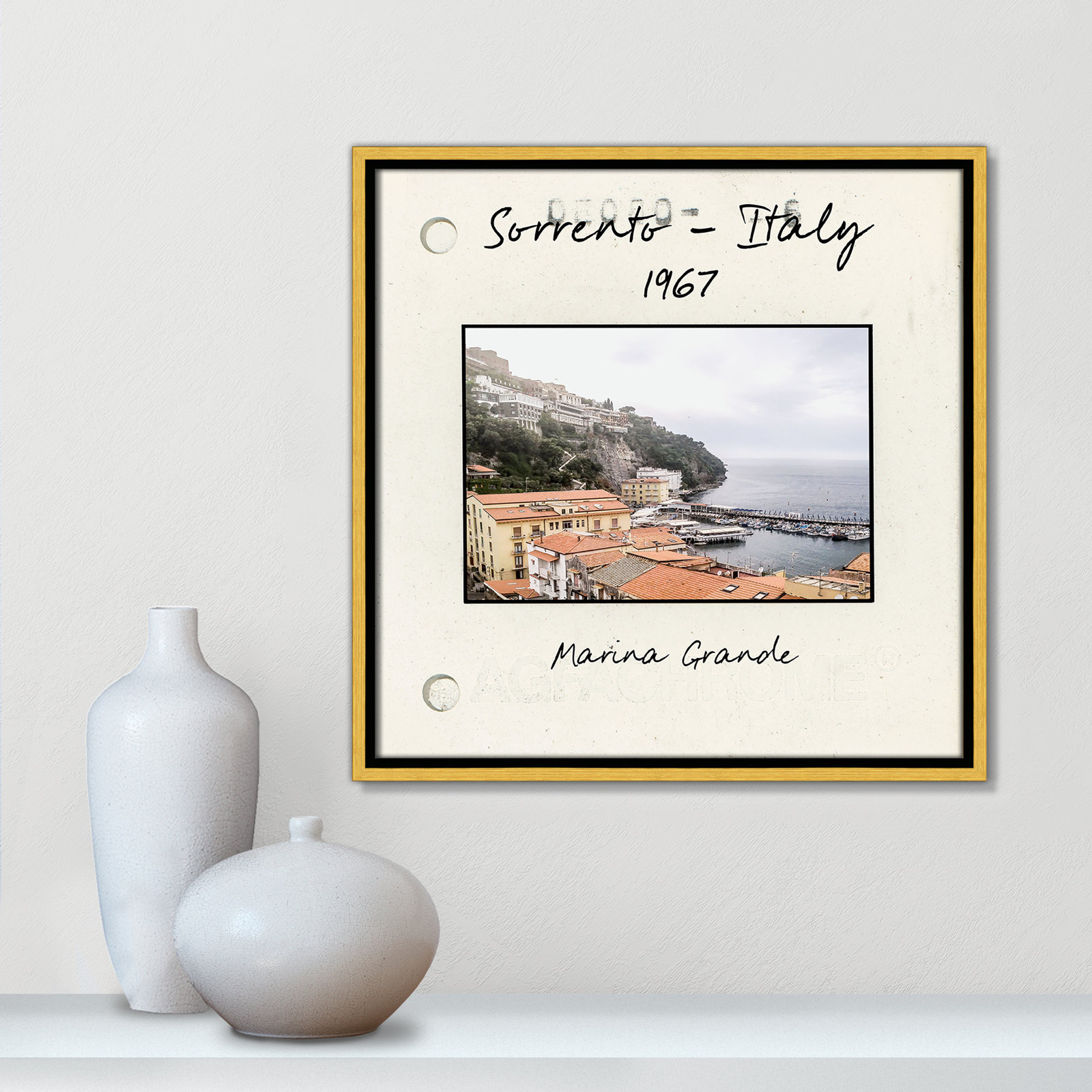 Travel Slide Collection "Sorrento, Italy" Print, 17.5" H x 17.5" W x 2" D, Gold Floater Framed Canvas