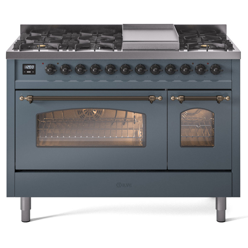 ILVE Nostalgie II Series 48 inch Dual Fuel Range with 8 Sealed Burners, Griddle (Glass Door), Blue/Gray/Bronze