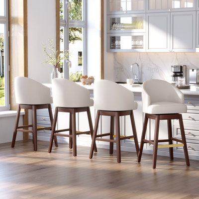 Swivel 31.9'' Faux Leather Bar Stool with Solid Wood Legs, White