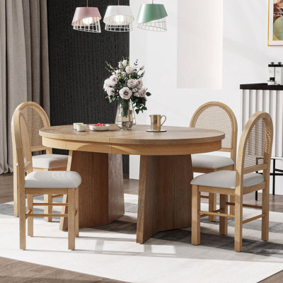 5-Piece Round Dining Table Set For 4, Retro Extendable Dining Table Set With 4 Upholstered Chairs, Kitchen Table And Chairs Set For Dining Room And Kitchen