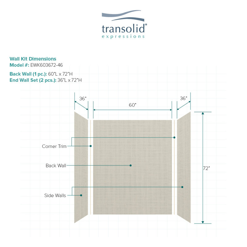 Cameo Solid Surface 3-Piece Shower Wall Kit, 36" x 60" x 72"