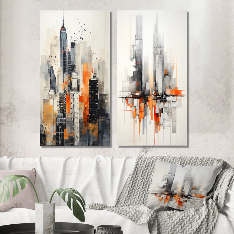 2 pièces sur toile - Orange, gris, minimalisme urbain, rythme, Toile tendue, H 20 po x l 24 po